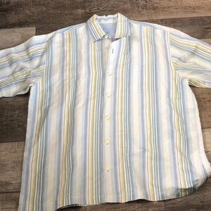 Tommy Bahama Pale Blue, White & Yellow Striped Short-Sleeve Button Shirt